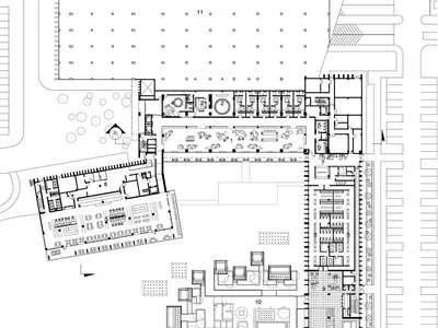 A detailed architectural blueprint of a hotel's first floor, including various functional zones such as lobby bar, VIP room,