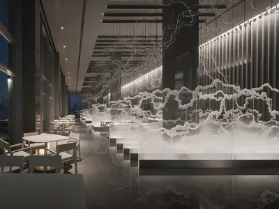 A modern restaurant interior featuring a metal, glass, and cloud-structured design with tables and chairs.