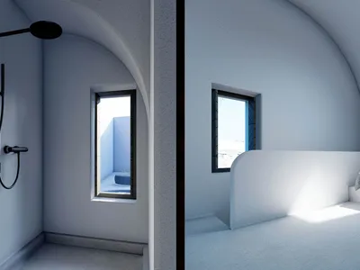 A minimalist bedroom featuring concrete, glass, and metal elements.