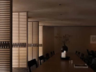 Modern design elements and ambient lighting in a restaurant interior.