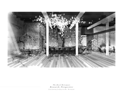 酒店餐酒吧室內渲染圖，展示燈具、座位區與中央吧台。