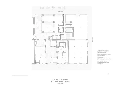 A detailed architectural floor plan of a hotel's ground floor, showing various rooms and areas such as offices, restaurants,