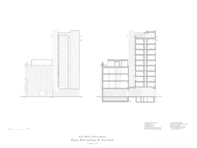 一張技術性建築圖，顯示名為 The Hotel Britomart 的建築東立面與剖面。