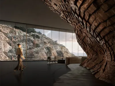 A modern hotel lobby featuring a unique wooden wall design