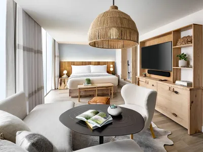 A modern hotel room featuring a bed, a television, a sofa, and wooden furniture.