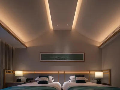 A modern minimalist bedroom featuring fabric and wood elements, with two twin beds, a headboard, and a light fixture.