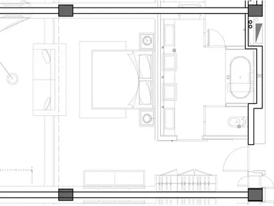 Floor plan of a modern bedroom featuring laminates and metal elements.