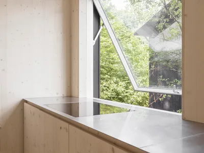 Modern minimalist kitchen with wooden walls and a large window overlooking a wooded area.