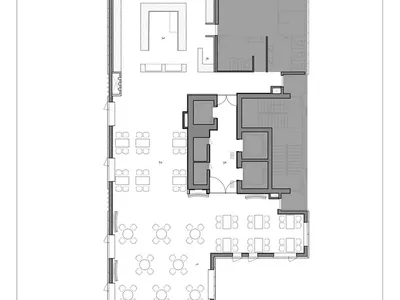 餐廳室內設計的詳細建築平面圖，採用中性色系與功能分區規劃。