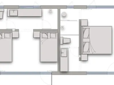 A minimalistic bedroom layout with four beds, a dining area, and various furniture pieces.