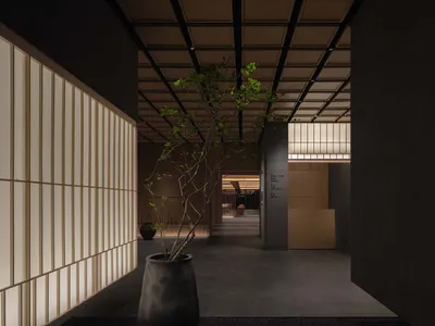 Modern hotel entryway featuring a concrete wall and wooden flooring.