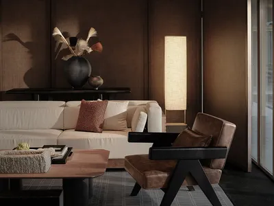 A modern, industrial-style living room with wooden elements.