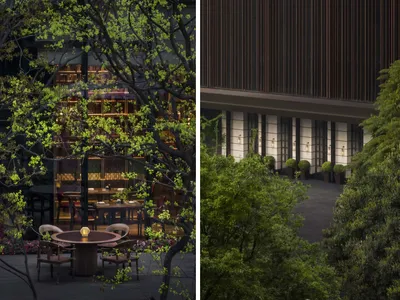 Modern outdoor seating area with wooden tables and chairs surrounded by greenery at dusk.