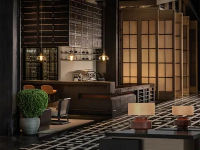 Industrial-themed restaurant with metal, wood, and glass materials