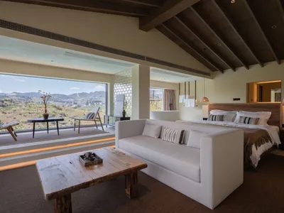 A minimalist bedroom featuring natural textiles, wooden accents, and a glass-enclosed bathroom with a scenic view.