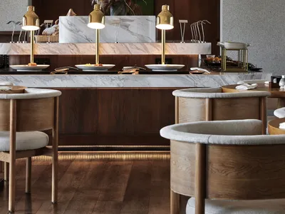 Marble dining tables in an industrial-style restaurant interior