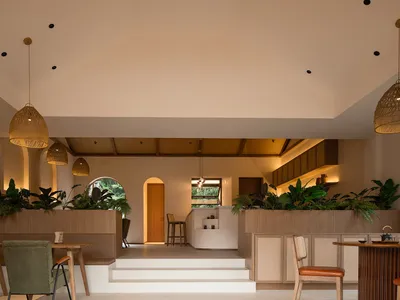 Modern cafe interior featuring wooden furniture, concrete flooring, and lush green plants.