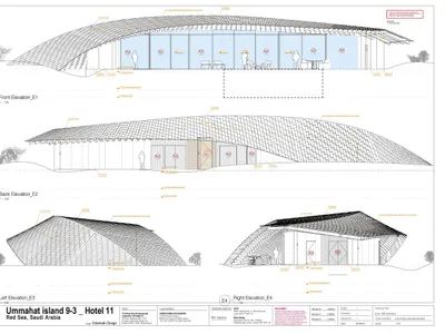 Hotel building with metal roof and glass walls and doors, showing front, back, left, and right elevations.