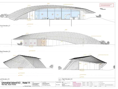 Three-dimensional architectural render of a hotel exterior with a metal roof and concrete flooring, showcasing the structure'