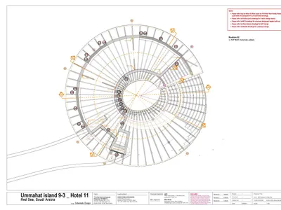 2D technical drawing of a hotel floor plan featuring metal framing and structural elements.