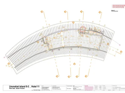 A detailed architectural floor plan of a hotel in the Red Sea, Saudi Arabia, highlighting structural engineering aspects.