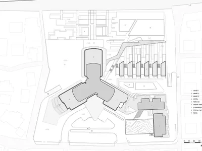 A floor plan of a hotel site showing different functional areas and zones.