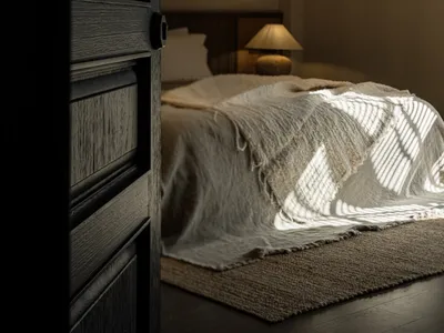 Bedroom with a minimalist design featuring a wool blanket on the bed.