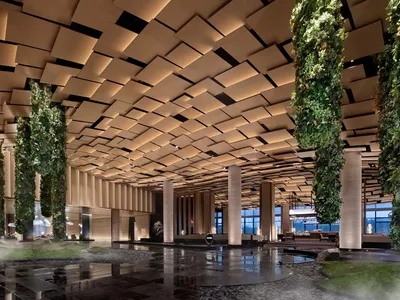 Modern hotel lobby featuring a contemporary design with wooden elements.