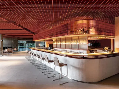 A modern restaurant bar with metallic and wooden features, showcasing contemporary design elements.