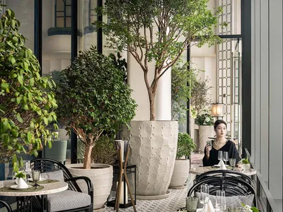 Modern restaurant interior with concrete columns, potted plants, and tables set with plates and glasses.