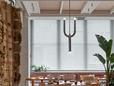 A modern restaurant dining room featuring wooden tables and chairs under a minimalist chandelier with a large, leafy plant in