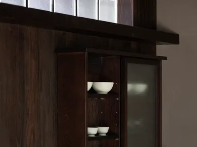現代簡約廚房，搭配木質櫥櫃與白色餐具。