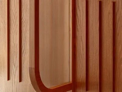 Modern kitchen with wooden paneling, featuring sleek, curved lines and a minimalist design.