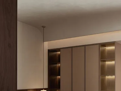 A minimalist bedroom featuring wooden furniture and a cozy atmosphere