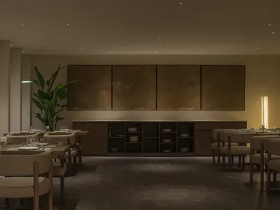 Modern restaurant dining room featuring wooden tables and chairs with Facebook Midnight chairs and coffee tables.