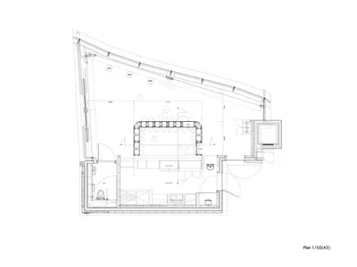 餐廳室內配置的2D建築圖，標示功能分區與尺寸標註。