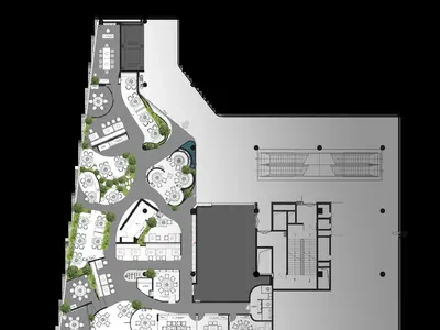 A detailed architectural plan of a modern restaurant featuring concrete and glass materials.