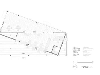 Floor plan diagram of a cafe interior with various functional zones and elements