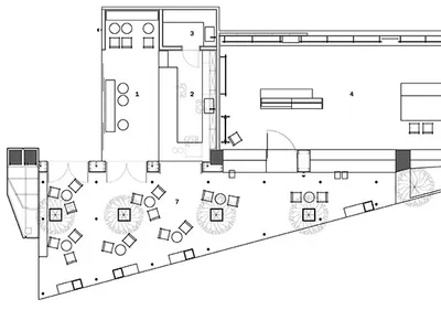 A detailed floor plan of an interior coffee shop design.