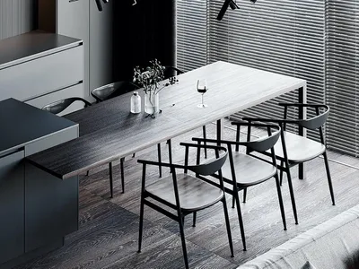 A minimalist residential kitchen features a long wooden table and black chairs.