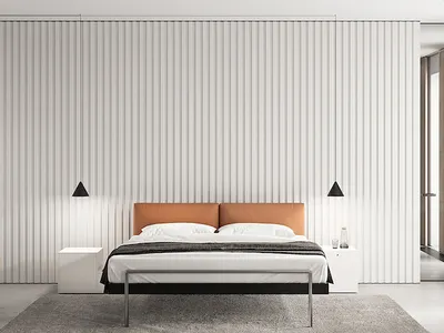 Modern minimalist bedroom with metal frame bed, white headboard, and wooden bench, overall clean and simple design.