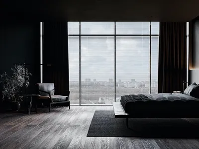 A modern minimalist bedroom featuring wood, leather, and glass elements.