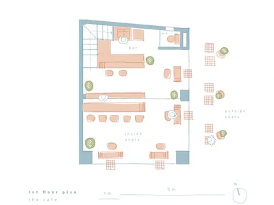 A rendered, detailed floor plan of a cafe showing interior and outdoor seating arrangements, bar, washroom, and furniture lay