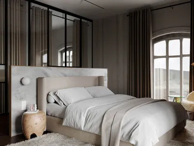 A minimalist bedroom with vibrant colors, featuring a bed, white details, and a large window.