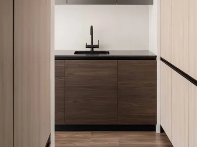 Minimalist modern kitchen featuring wood cabinetry and a glass backsplash.