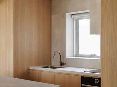 Modern kitchen with wooden cabinets and marble countertops.