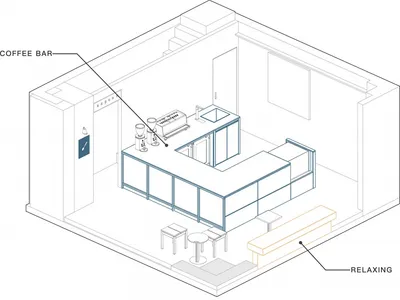 Detailed architectural floor plan of a coffee shop featuring areas for relaxation, coffee bar, and indoor seating.