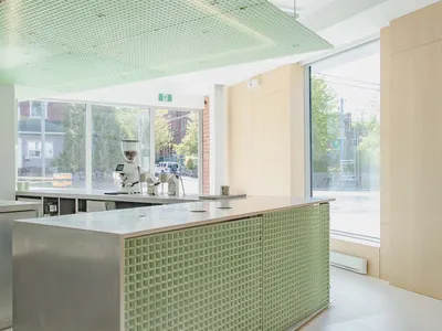 Cozy kitchen with green walls, a countertop, and dining table, surrounded by chairs and potted plants, with various kitchen items and utensils visible