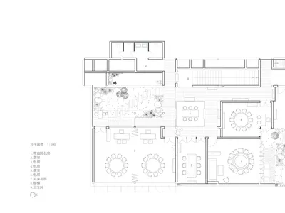 2D floor plan of a hotel with various rooms, including a dining area, kitchen, and seating areas, featuring a mix of styles and well-lit with natural light