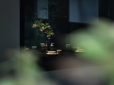 溫暖舒適的餐廳區域，設有餐桌、椅子及插花花瓶，周圍環繞植物與餐具